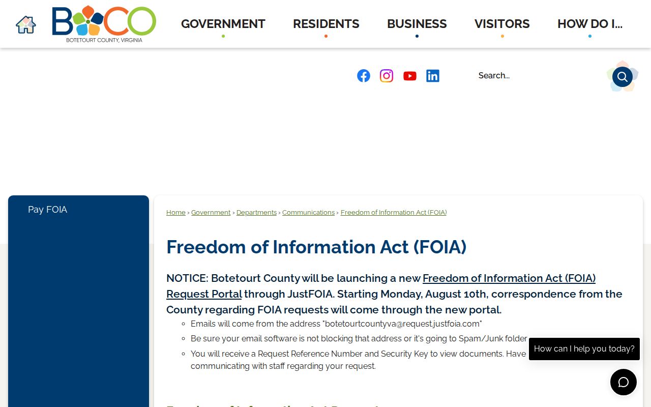 Botetourt County FOIA booking record request page