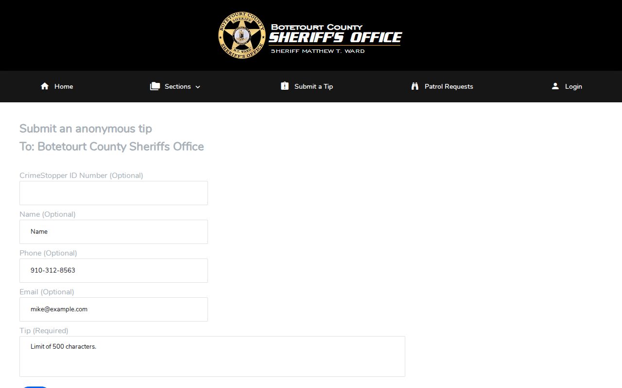 Botetourt County Citizen Connect anonymous tip submission form for wanted-record information