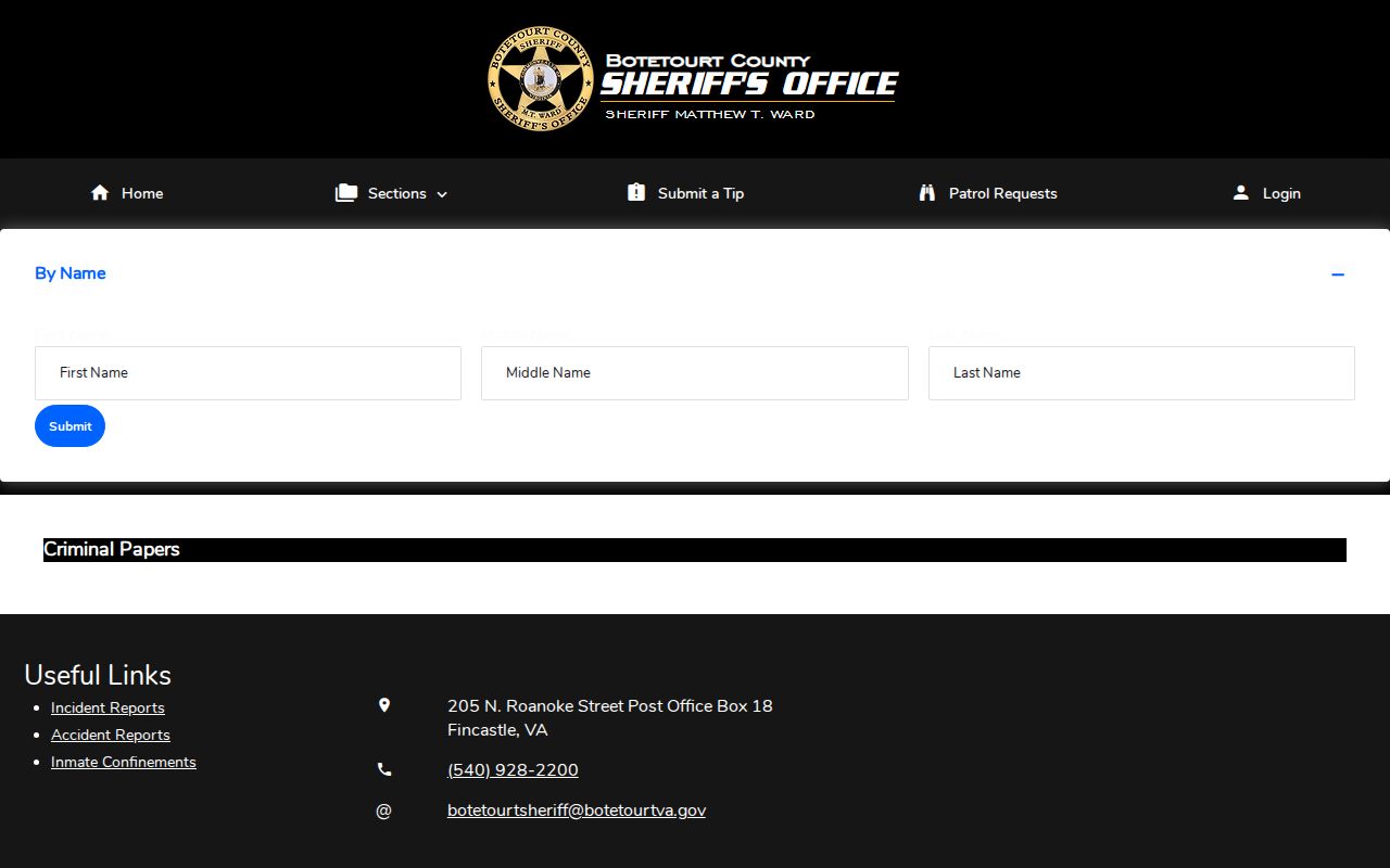 Botetourt County Citizen Connect Criminal Papers warrant search interface