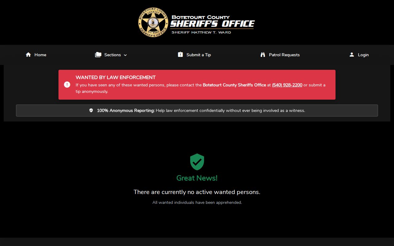 Botetourt County Citizen Connect Most Wanted official wanted-record interface