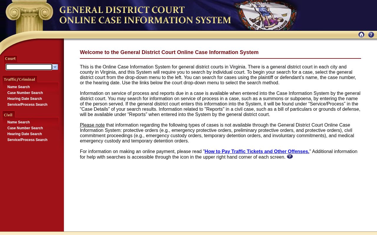 Virginia General District Court case lookup screen